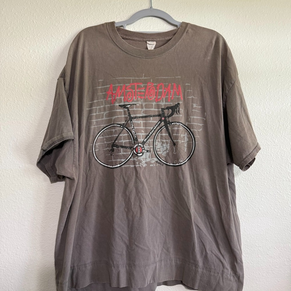 VTG Amsterdam T-Shirt Men's Size 2XL Brown Bicycle Graphic Short Sleeve Gildan